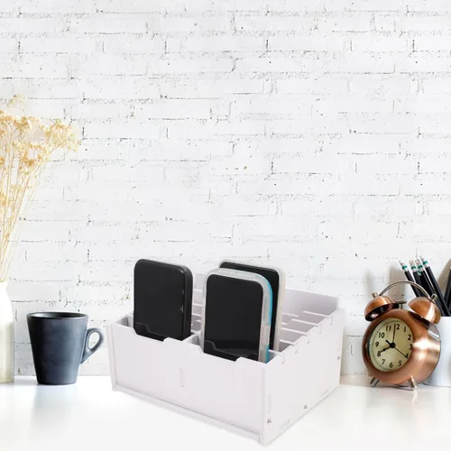 Vista 8 de Angoily Organizador de cajones de escritorio, bandeja organizadora de madera de bambú, divisor de teléfono celular de escritorio y contenedores
