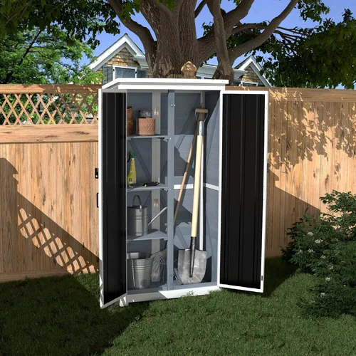 Vista 3 de GDLF Armario de almacenamiento para exteriores de madera y metal, cobertizo de jardín con techo impermeable y puertas resistentes con cerradura