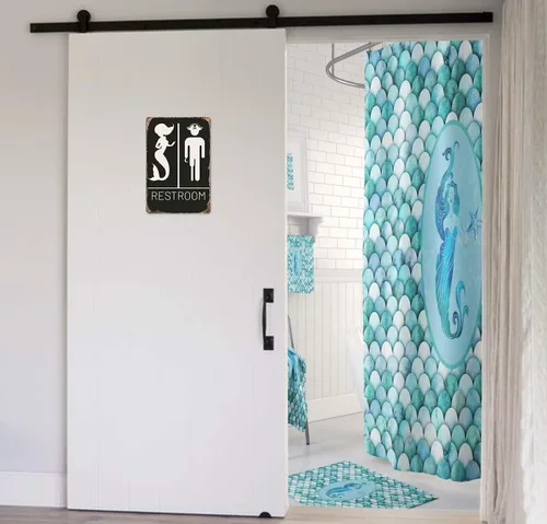 Vista 3 de Letrero náutico para baño, decoración temática de pirata y sirena para baños inspirados en la playa y el océano, divertido letrero de baño, 12 x 8