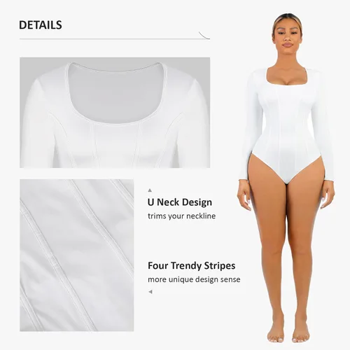Vista 3 de Long Sleeve Bodysuit for Women Tummy Control Thong Tops Square Neck Body Suit Short Sleeve Going Out Bodysuits