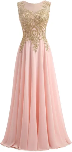 Vista 2 de Vestido de noche de gasa largo de encaje dorado Kivary para mujer