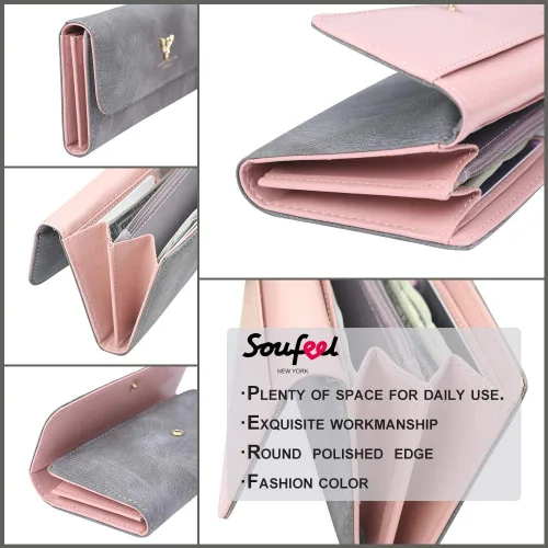 Vista 5 de SOUFEEL Billeteras personalizadas para mujer con foto personalizada, piel sintética, delgada, larga, triple, regalos para mamá, abuela, hija, Gris