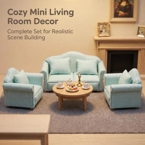 Vista 7 de Sofá de casa de muñecas, muebles en miniatura, sofá con almohadas para sala de estar, decoración de escritorio, sofá de tela, mini accesorios