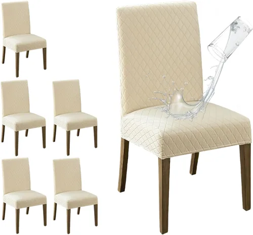 Vista 30 de MOSAYT Juego de 2 fundas para sillas de comedor 100% impermeables, súper ajuste elástico jacquard Parson, fundas extraíbles y lavables para sillas