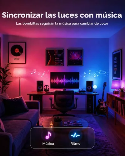 Vista 7 de TJOY Paquete de 4 bombillas inteligentes, Bluetooth WiFi LED funciona