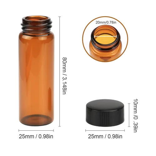 Vista 3 de Furnido Frasco de muestra de vidrio de 1 onza/1.0 fl oz, 20 botellas de vidrio vacías recargables con tapas de rosca negras, contenedor