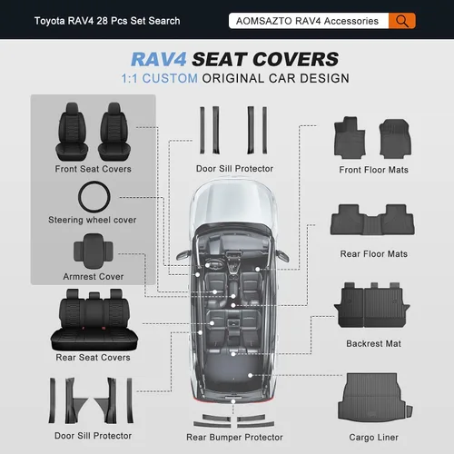 Vista 7 de AOMSAZTO RAV4 - Fundas de asiento delantero de cuero para Toyota RAV4 2019 2020 2021 2022 2023 2024 2025 LE, XLE, XLE Premium, Limited con Línea roja