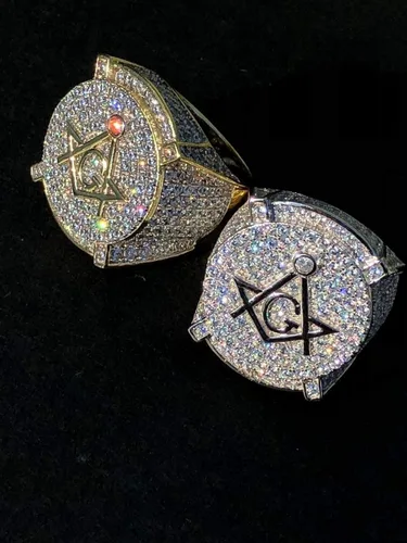 Vista 2 de Anillo masónico de plata 925 para hombre con diseño masónico, tamaños 7-13, anillo de hip hop helado, Metal, Zirconia cúbica