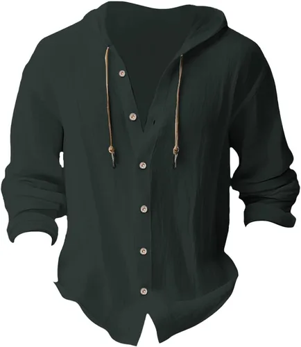 Vista 4 de Camisas de lino para hombre, casual, con botones, de verano, algodón, lino, con capucha, para playa, manga larga, con capucha