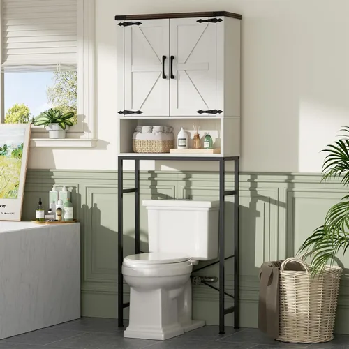 Vista 7 de Gabinete de almacenamiento sobre el inodoro con puertas estilo granja y estante ajustable, organizador de baño alto con soporte de metal que ahorra