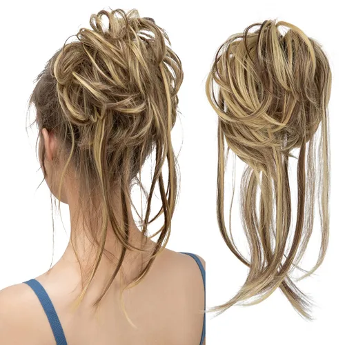Vista 9 de Extensiones de cabello rizado con cola de caballo, cabello sintético con coleta recta, coleteros para mujer, rubio ceniza/rubio playa