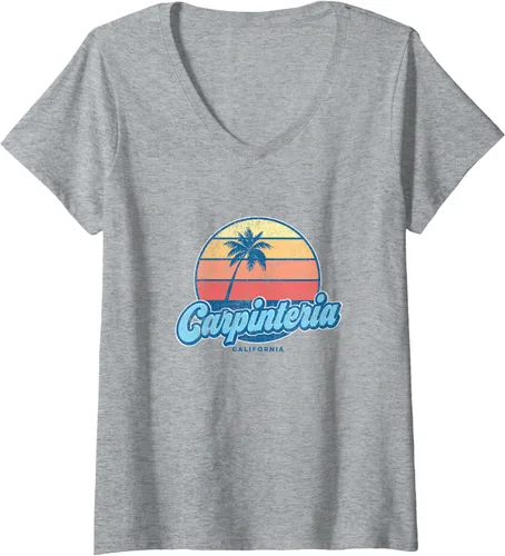 Vista 4 de Womens Vintage Carpinteria California CA Classic 70s Retro Surfer V-Neck T-Shirt