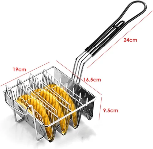 Vista 2 de Cesta para freidora de tacos de 4 carcasas, molde de acero inoxidable para freír, cesta de freidora con mango desmontable, herramienta profesional