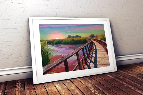 Vista 2 de Lucid Eye Cartel de estanque de fusión, Póster de puente psicodélico, Arte de pared de paisaje trippy, Póster colorido, Diseño de atardecer de neón
