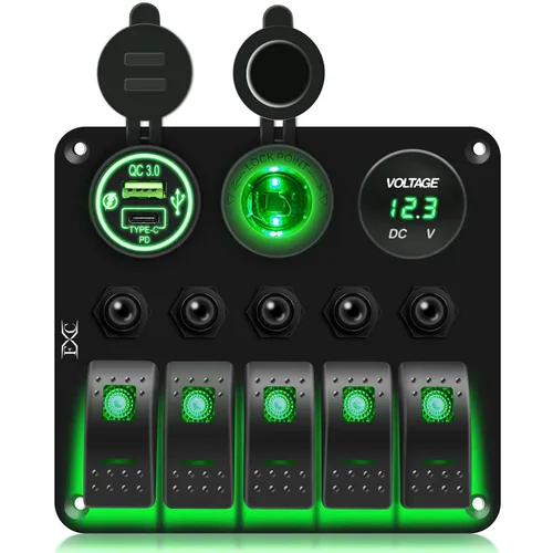 Vista 9 de FXC Panel de interruptor basculante azul marino impermeable de 5 segmentos con enchufe USB QC3.0 y ranura tipo C + encendedor de cigarrillos +