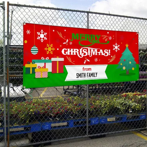 Vista 4 de Custom Vinyl Banner Sign Multiple Sizes Merry Christmas From Name A Lifestyle Personalized Marketing Advertising Red 4 Grommets 24inx60in One Banner
