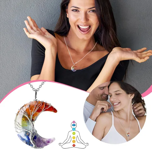 Vista 6 de Collar con colgante de cristales de luna para mujeres y hombres, árbol de la vida, alambre de cobre, collar de piedras de cristal curativas naturales