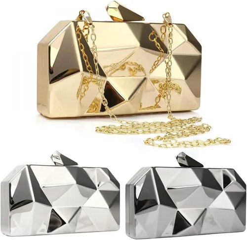 Vista 2 de Bolso de noche de metal con patrón geométrico de celosía para mujer, para boda, novia, graduación, bolso cruzado con cadena