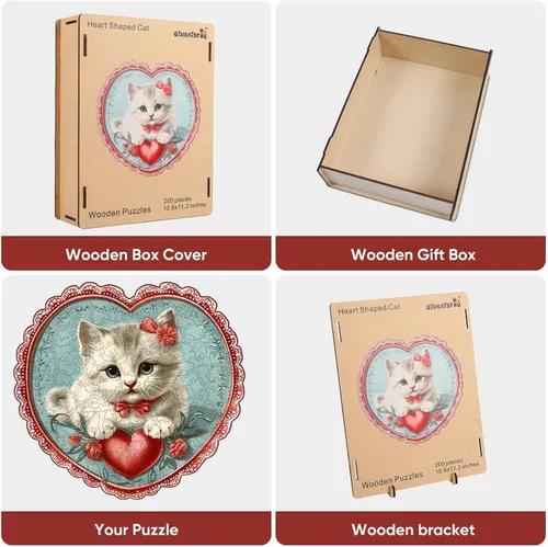 Vista 8 de Qiuenisray Rompecabezas de Madera para Adultos, Rompecabezas de Gato en Forma de Corazón de 200 Piezas, Rompecabezas de Forma Única Certificado FSC