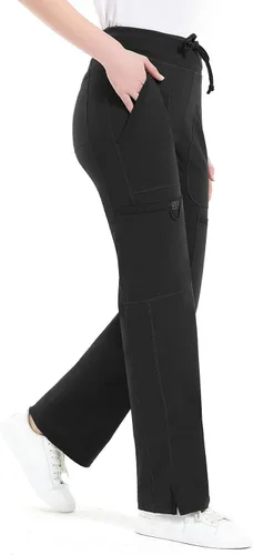 Vista 4 de QBK Pantalones médicos de yoga para mujer, tiro medio, pantalones de trabajo de yoga, pantalones de cinco bolsillos