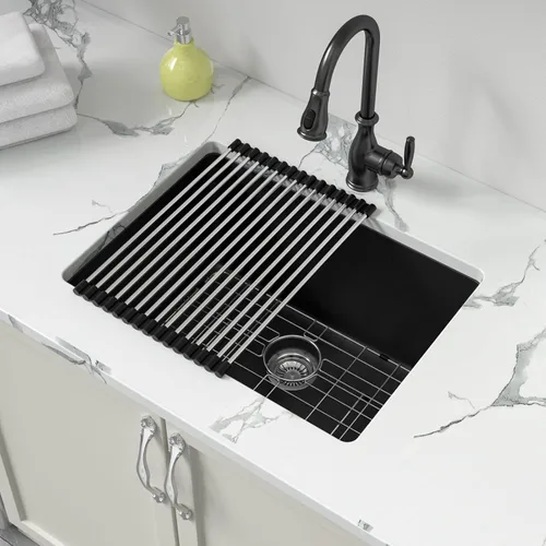 Vista 36 de Sarlai 33 Fregadero de cocina compuesto de granito - 33 x 19 pulgadas Granito negro bajo encimera Fregadero de trabajo de borde negro mate Granito