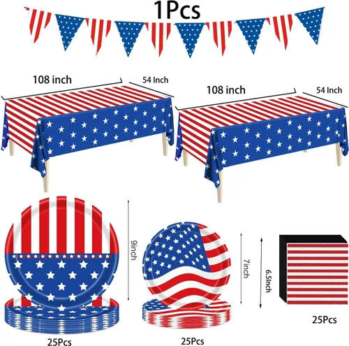 Vista 2 de Suministros de fiesta patriótica, juegos de decoración de fiesta patriótica de bandera americana, platos y servilletas de papel del 4 de julio