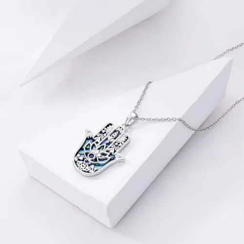Vista 6 de PROESS Collar de plata de ley Hamsa Fatima, collar de elefante, colgante de ojo azul, joyería para hombres, mujeres, niñas y niños, Plata esterlina