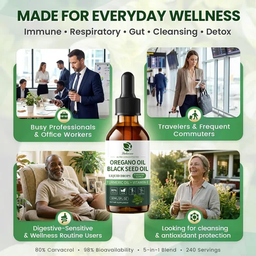 Vista 7 de Aceite de orégano con aceite de semilla negra, gotas de aceite de orégano 4 en 1 con aceite de cúrcuma y vitamina E, 80% Carvacrol, inmune
