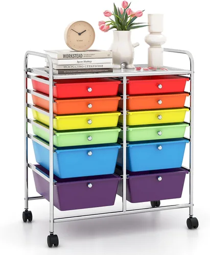 Vista 47 de LDAILY Carrito de almacenamiento con ruedas de 9 cajones, carrito rodante con cajones para aula, organizador de manualidades con ruedas con marco