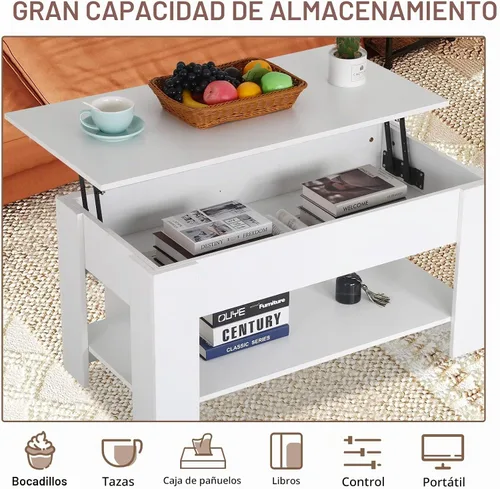Vista 4 de Mesa auxiliar moderna, blanca, elevadora, madera, estante de almacenamiento, 28 x 28 x 24 pulgadas