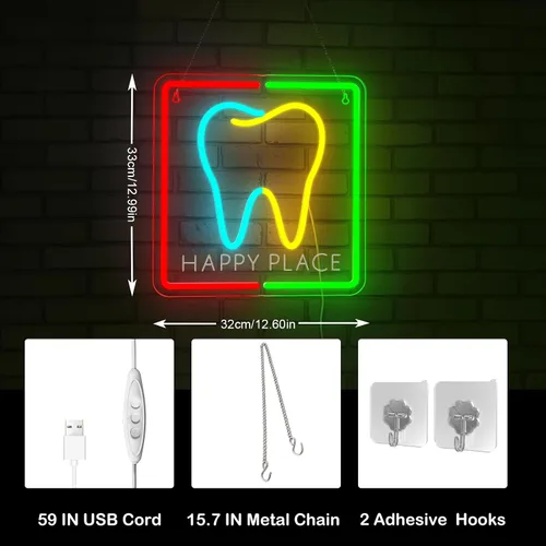 Vista 5 de Letrero de neón Happy Place Tooth, luz de pared LED colorida para odontología infantil y decoración del hogar, luz de neón en forma de diente