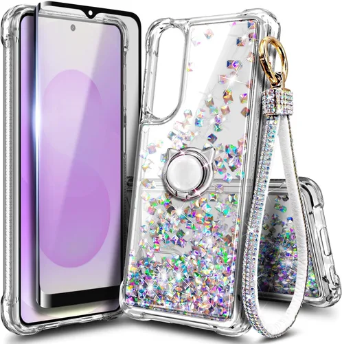 Vista 23 de Funda compatible con Samsung Galaxy S24-FE Aqua/Purple Funda líquida flotante con purpurina linda con protector de pantalla de vidrio templado