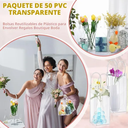 Vista 6 de LEIFIDE 50 bolsas de regalo de plástico transparente con asas, de PVC, reutilizables, transparentes, bolsas para dulces, escuela, fiesta