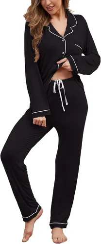 Vista 17 de Juego de pijama con botones para mujer, de manga larga, ropa de dormir suave, conjunto de ropa de descanso, tallas XS-XXL bean paste