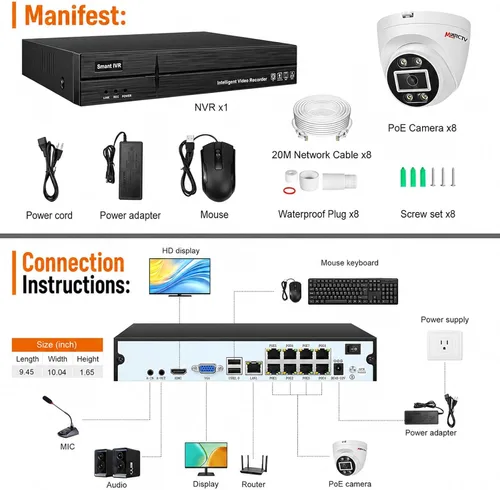 Vista 9 de MWRCTV Sistema de cámara de seguridad IP PoE de audio de 2 vías, 8 cámaras domo con cable de 4MP para seguridad del hogar, lente gran angular