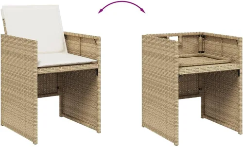 Vista 6 de Juego de comedor de patio de 9 piezas con mesa de ratán de polietileno beige y cojines color crema, muebles de exterior para jardín, patio trasero