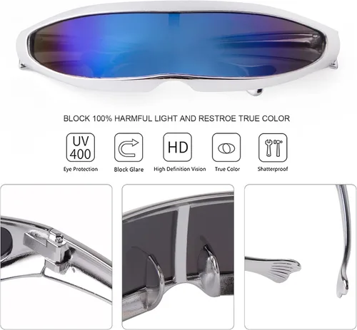 Vista 6 de KFPH Gafas de sol estrechas futuristas UV400 Robot Space Costume Color Mirrored Lens Party Rave gafas futuristas