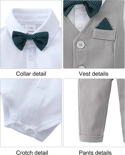 Vista 5 de DISAUR Ropa de bebé para niño, 4 piezas de traje de caballero + chaleco + pantalones + corbata de lazo de algodón