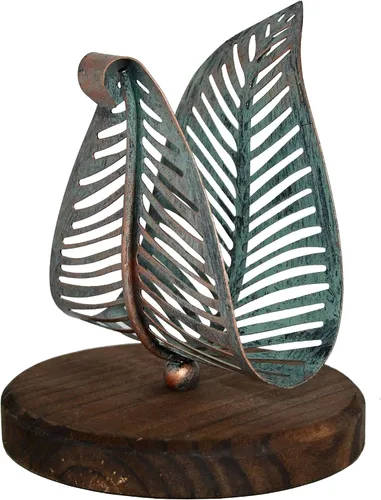 Vista 11 de OwlGift Servilletero moderno independiente con hoja de metal de bronce y diseño de base de madera marrón, dispensador de pañuelos de mesa