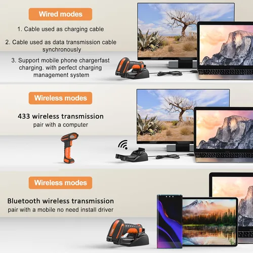 Vista 3 de Symcode Escáner de código de barras Bluetooth 2D QR con soporte de carga, industrial a prueba de polvo e impermeable 3 en 1 compatible con Bluetooth
