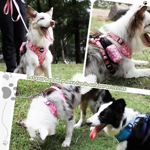 Vista 6 de Arnés para perro con correa y soporte para bolsa de excrementos, juego de 4 piezas, ajustable sin tirones, chaleco acolchado de malla suave