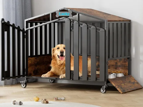 Vista 11 de EasyCom Muebles resistentes de 31 pulgadas para perros, para interiores con ruedas de 360°, jaulas decorativas para perros pequeños, jaula de madera