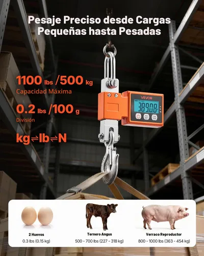 Vista 2 de VEVOR - Báscula de grúa digital, capacidad máxima de 1100 lbs/500 kg, báscula colgante industrial resistente con carcasa de aluminio fundido