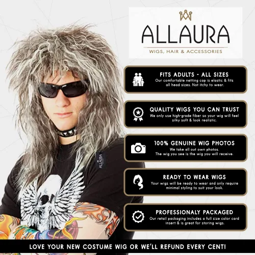 Vista 6 de ALLAURA Conjunto de peluca rockera de los años 70 y 80 para hombre + tatuajes de disfraz. Banda para el pelo glamorosa Rockstar Mullet peluca +