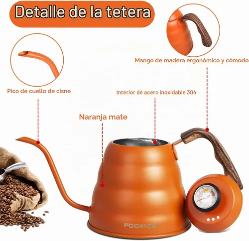 Vista 6 de Hervidor de cuello de cisne con termómetro para verter sobre café y té Naranja