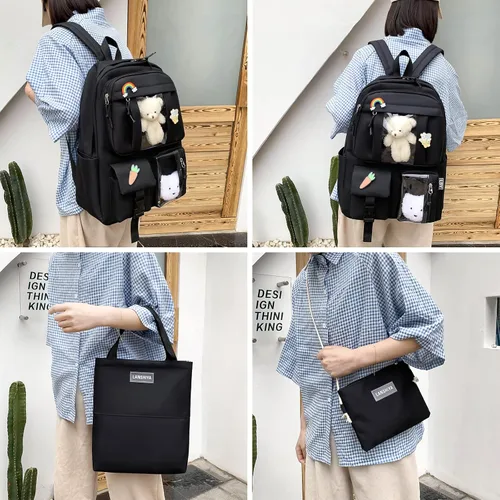 Vista 3 de Juego de 5 mochilas kawaii para niñas con bonitos accesorios de oso, suministros escolares, bolsas para bolígrafos, bolsa de hombro, 02-Negro