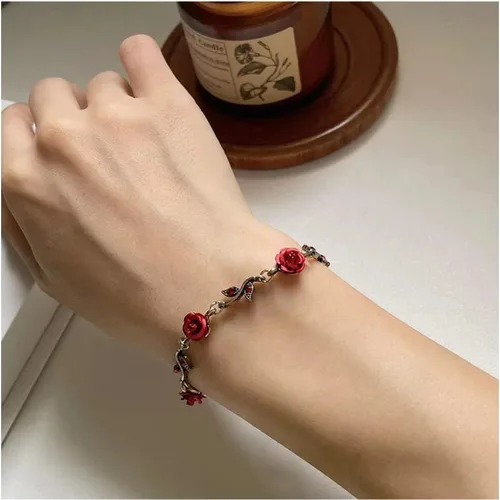 Vista 4 de Juego de 3 piezas de joyería de color rojo rosa, collares de flores, aretes colgantes, pulsera, joyería de graduación de oro rosa para mujer, boda