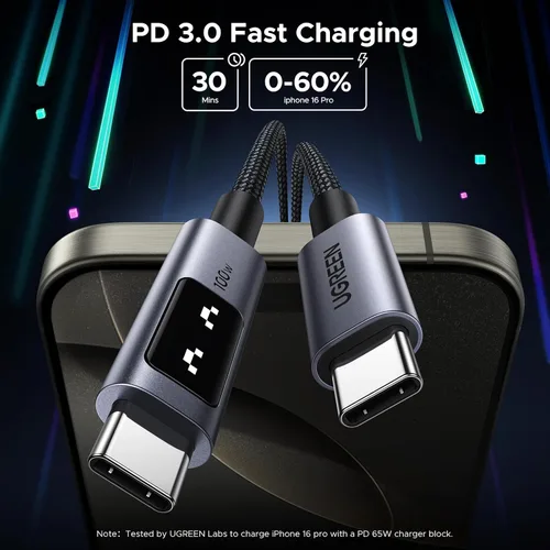 Vista 3 de UGREEN Uno - Cable USB C a USB C de 100 W, cable de carga rápida tipo C con pantalla LED para iPhone 17/17 Air/17 Pro/17 Pro Max/16, MacBook