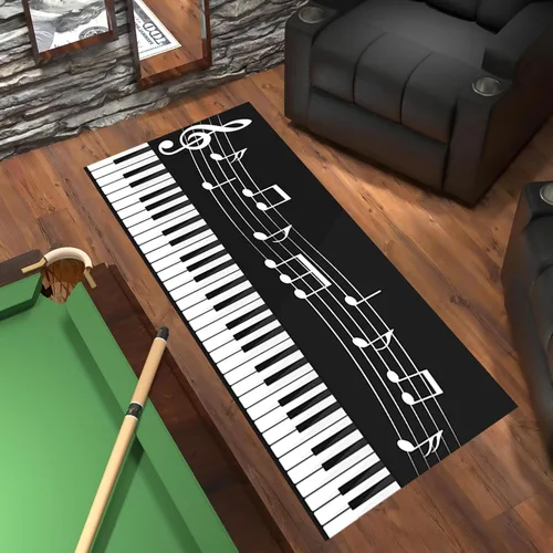 Vista 3 de Alfombra antideslizante de 1.3 x 7 pies, diseño de piano, para amantes de la música, color negro y blanco, alfombra de pasillo para sala de estar