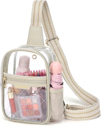 Vista 17 de Missnine Bolsa transparente para eventos de estadio, bolsa transparente tipo cangurera, bolsa cruzada para conciertos deportivos, A-caqui [simple]